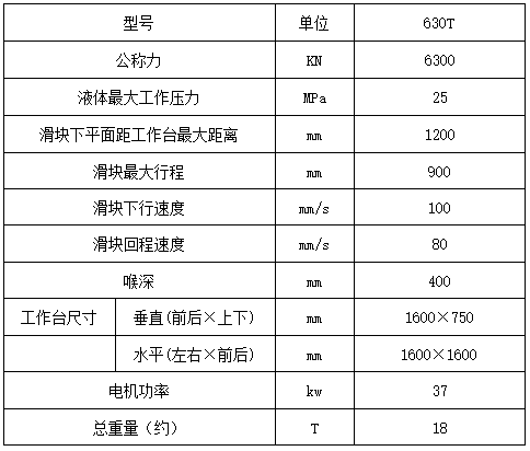 630噸四柱液壓機技術參數